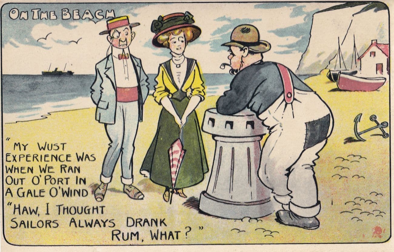 Sailor Drinking Rum Boat Eyeglass Posh Beach Couple Beach Comic Old Postcard