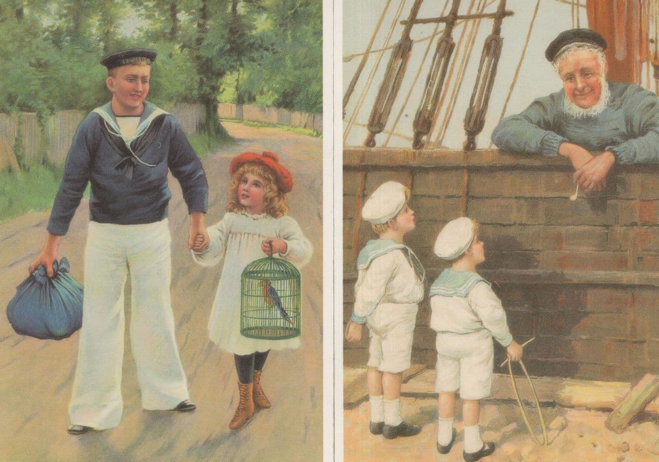 Sailors Fishermen Teaching Children 2x Painting Postcard s