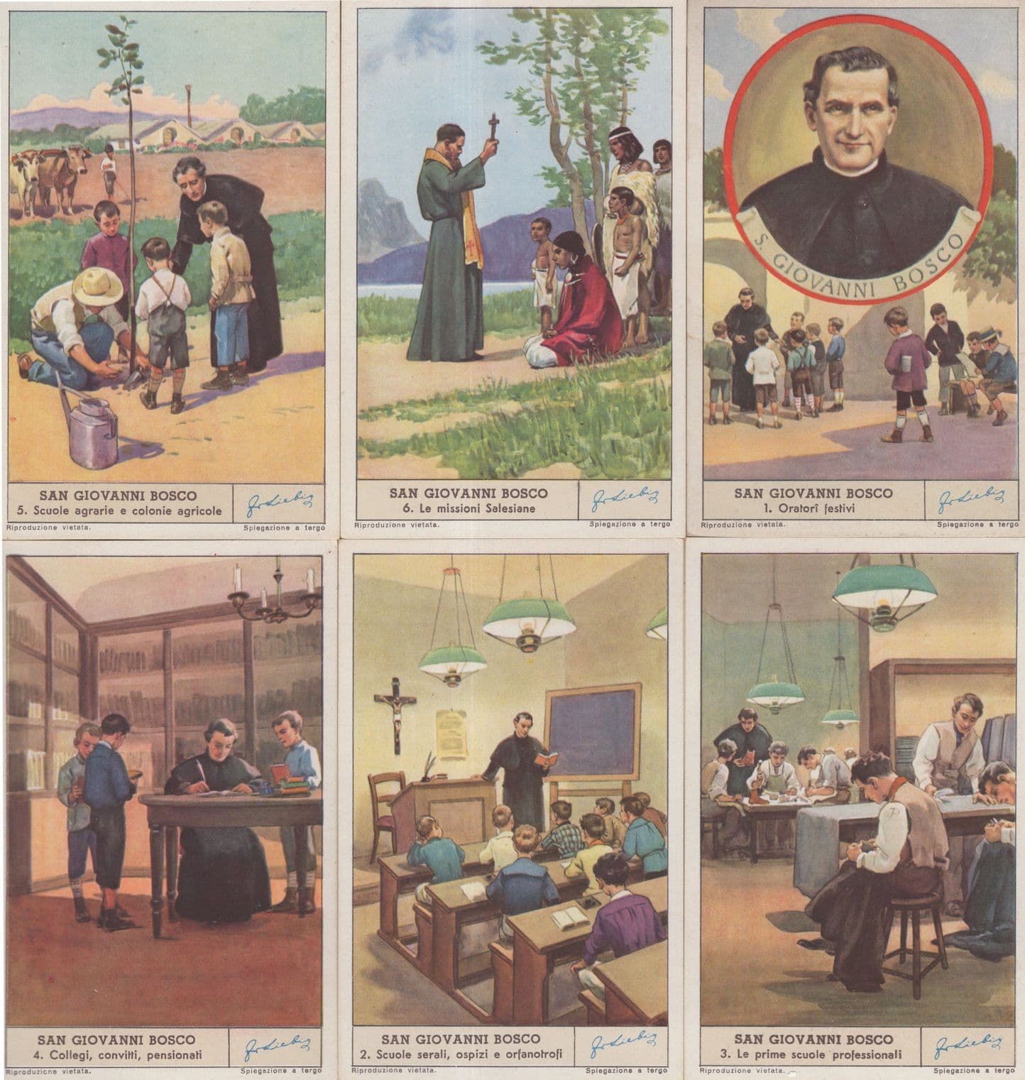 Saint John Bosco 6 x Painting Signed Old Trade Card Italian Set
