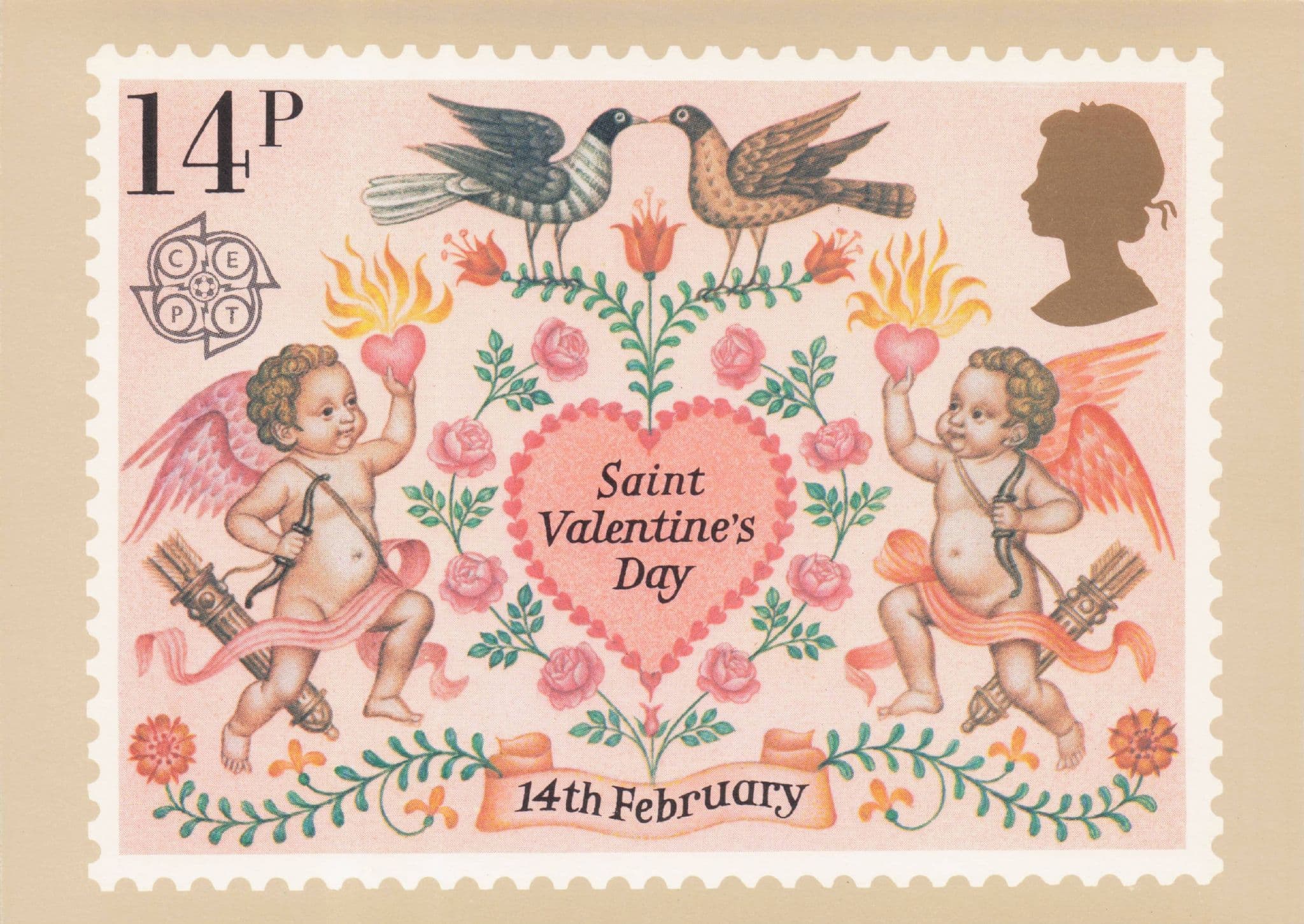 Saint Valentines Day Cupid Birds Bow & Arrow Stamp Ltd Edn Postcard