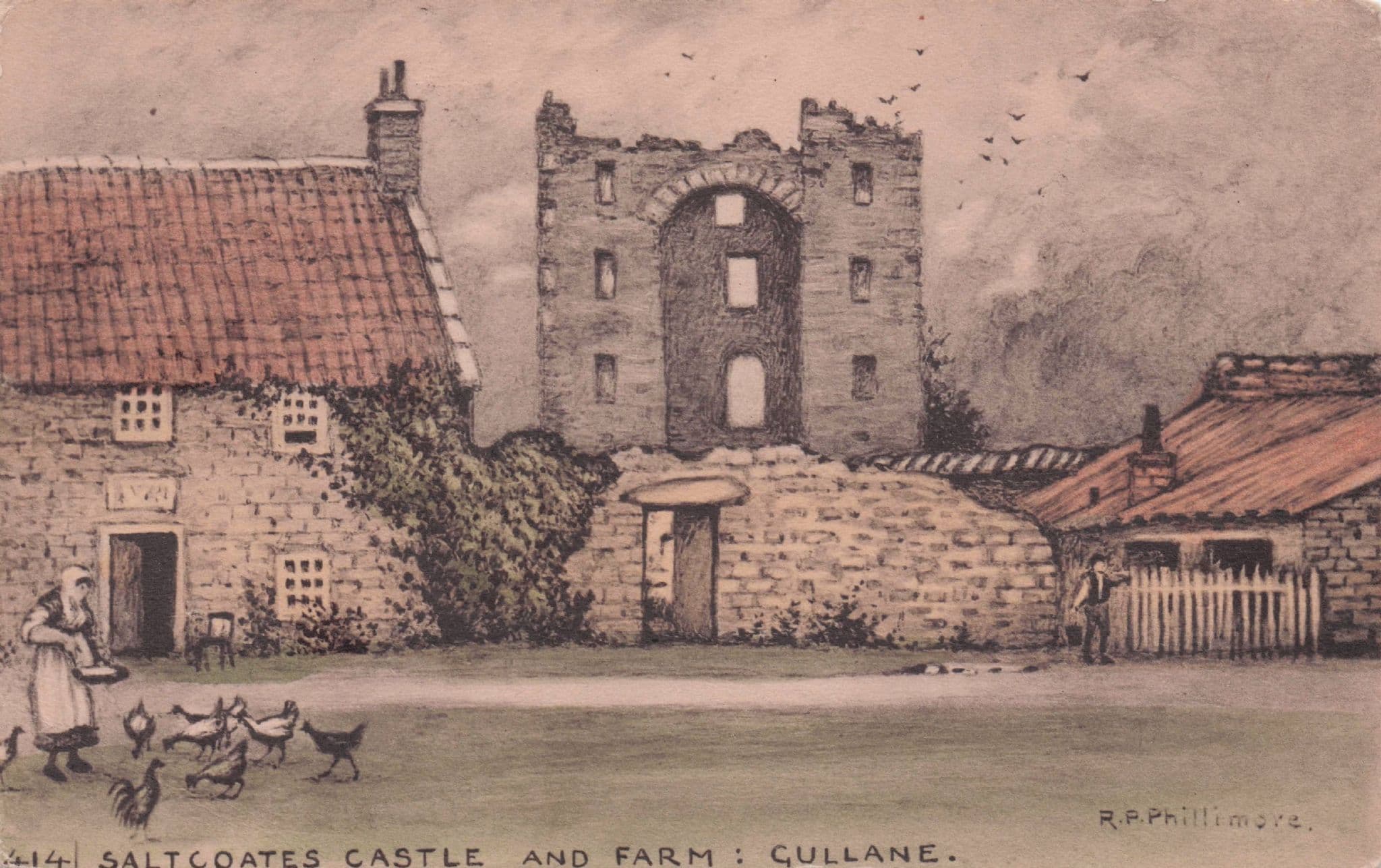 Saltcoates Castle Gullane Farm Birds Scottish Phillimore Vintage Postcard