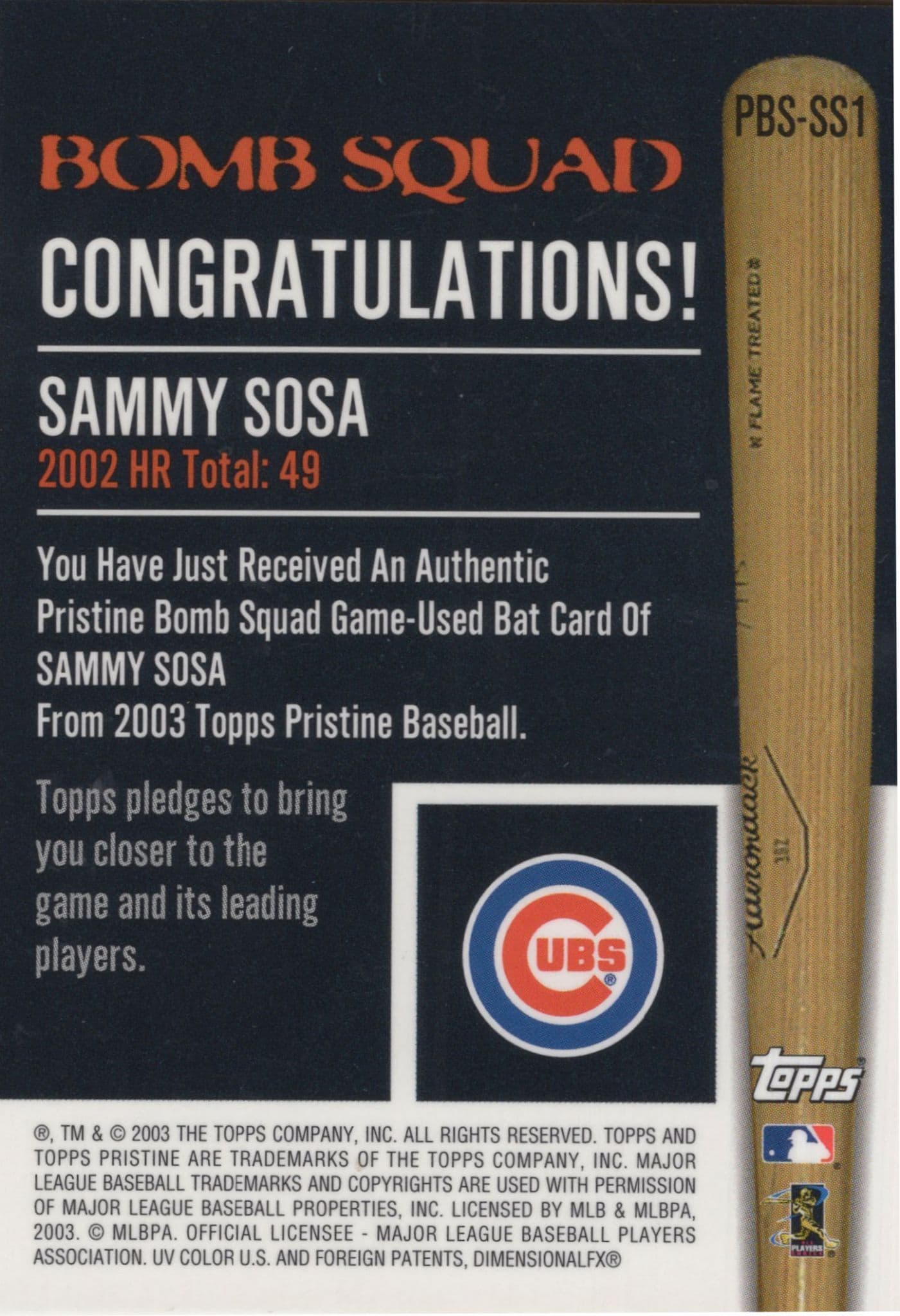 Sammy Sosa Baseball Bat Game Used Memorabilia Rare Trading Card