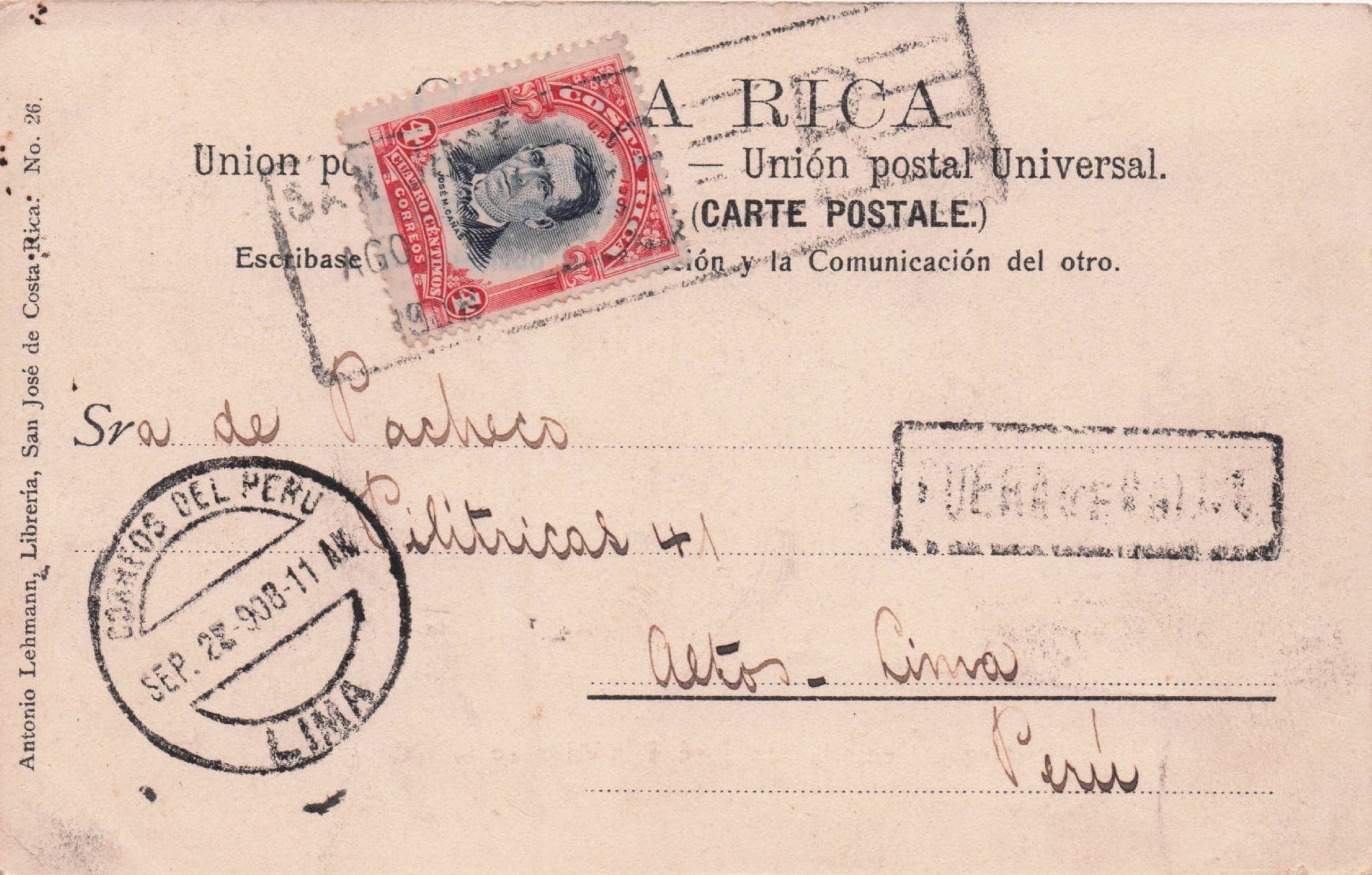 San Jose Parque Central South America Rare 1908 Old Postcard