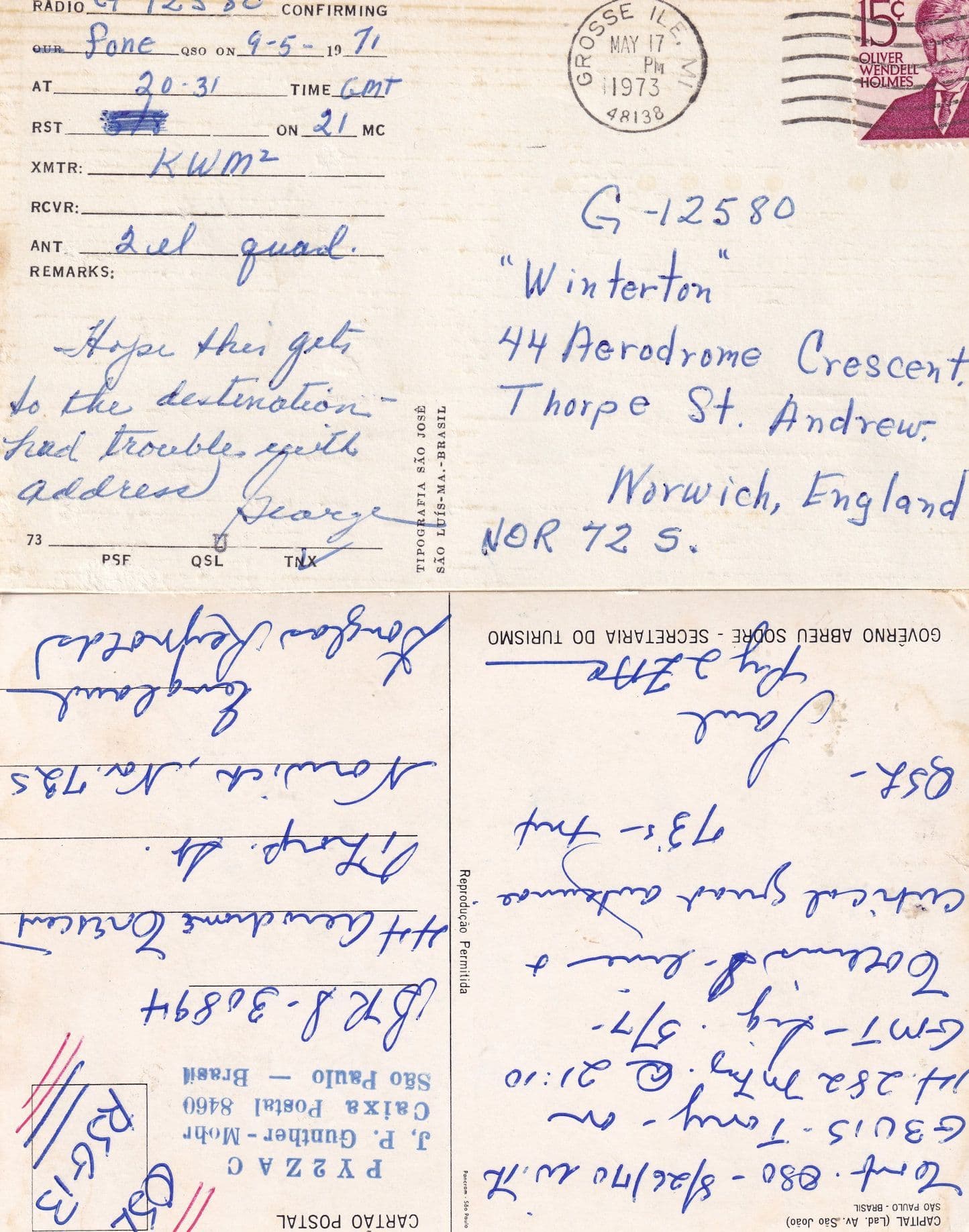 Sao Luis Paulo Brazil Pirate Boat Ship 2x 1973 Amateur Radio QSL Card s