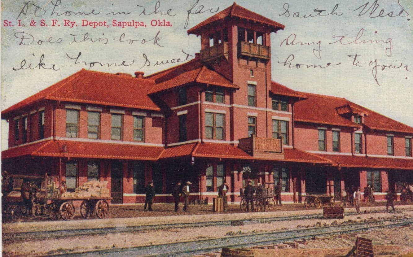Sapulpa Railroad Depot Bicycles Passengers Platform USA Old Postcard