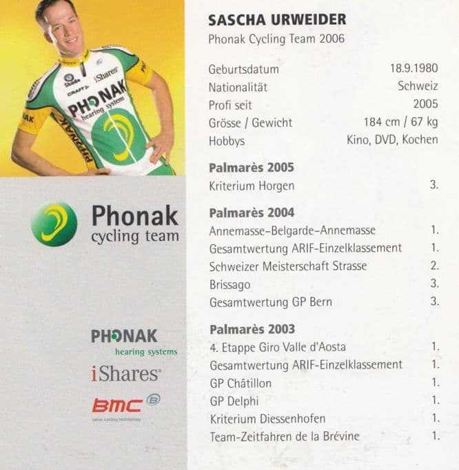 Sascha Urweider Swiss Cycling Champion Phonak Team Hand Signed Photo