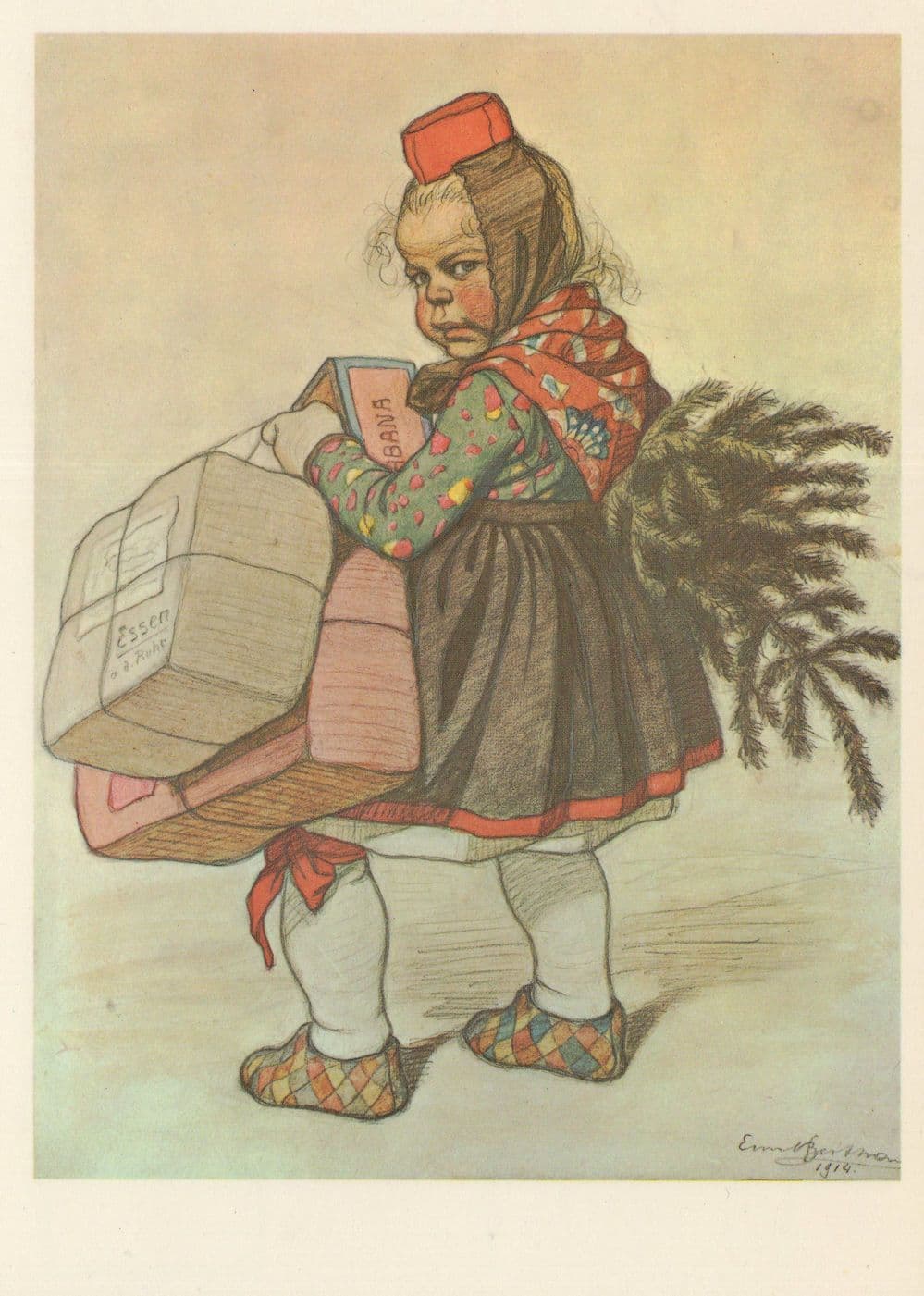 Schwalmer Madchen Zur Weihnachtszeit WW1 Painting Postcard