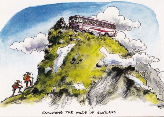 Scotland Old Peoples Bus Dangling On Rock Climber Scottish Comic Humour Postcard
