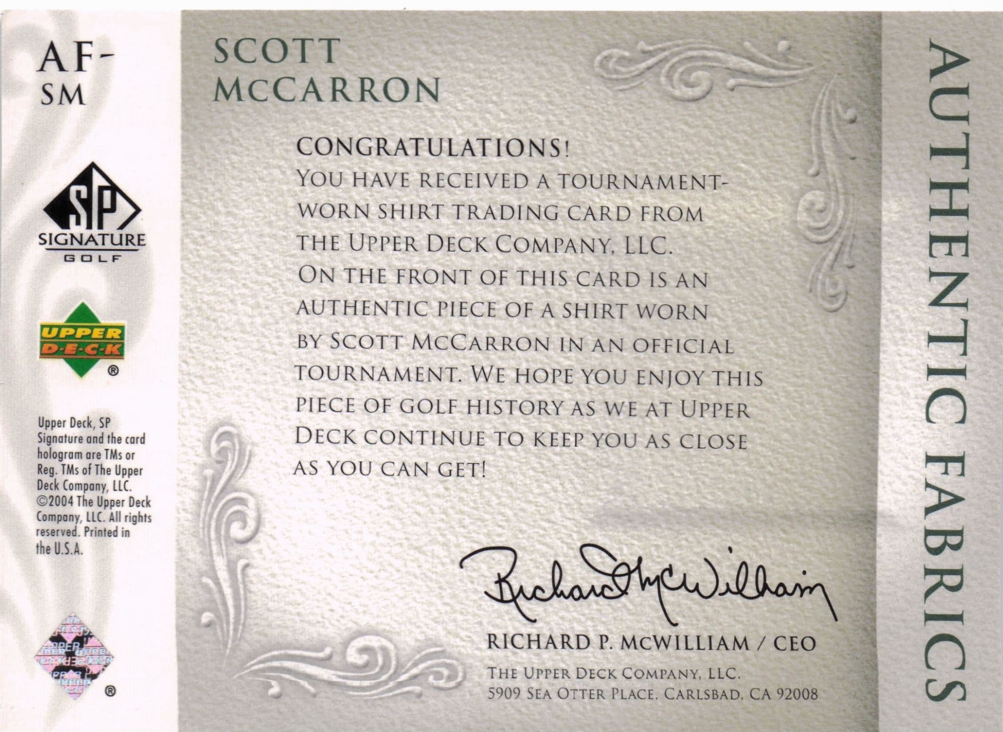 Scott McCarron Authentic Fabrics 2004 Upper Deck Real Golf Shirt Card