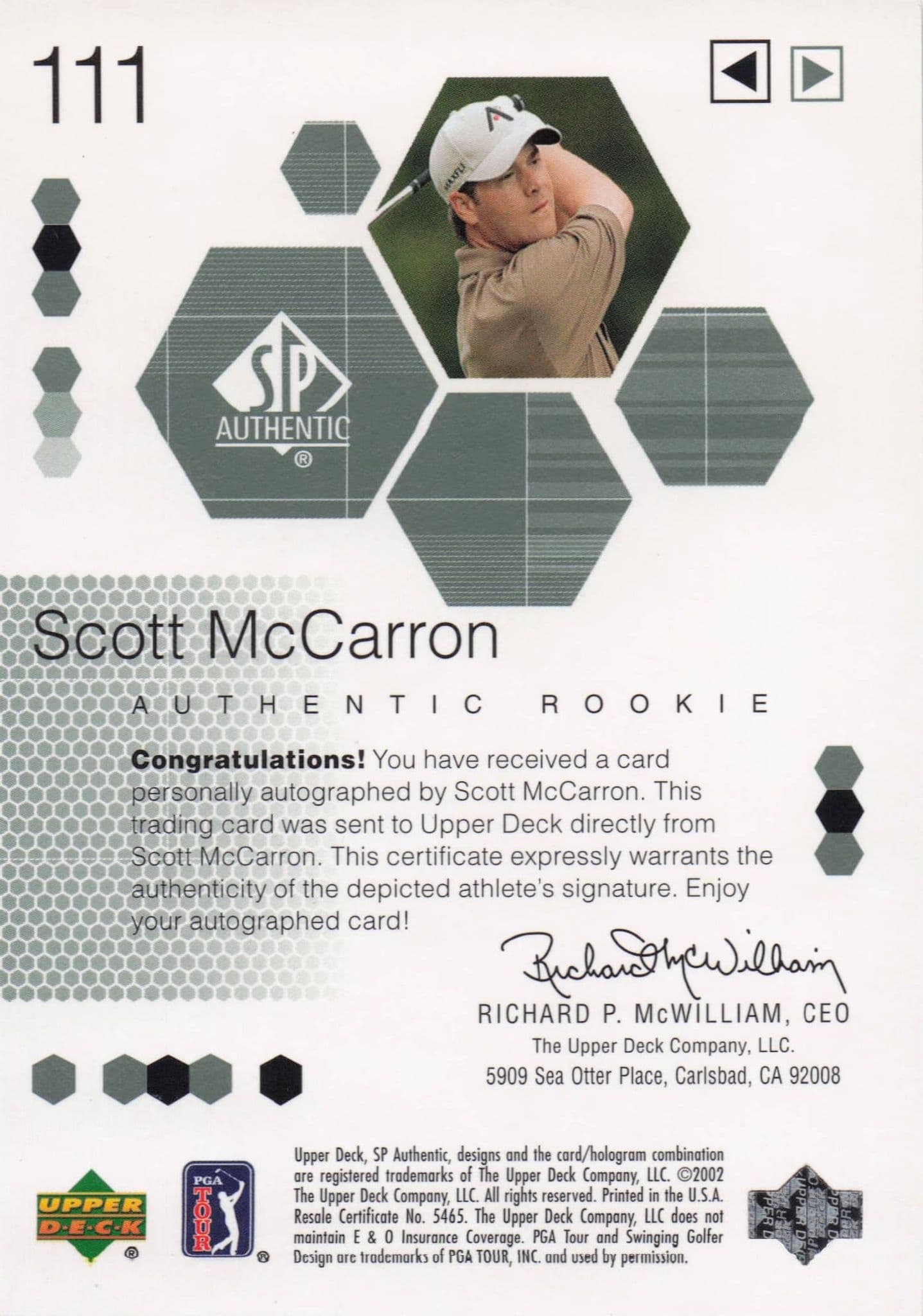 Scott McCarron Authentic Rookie 2002 Golf SP Hand Signed Autograph Card