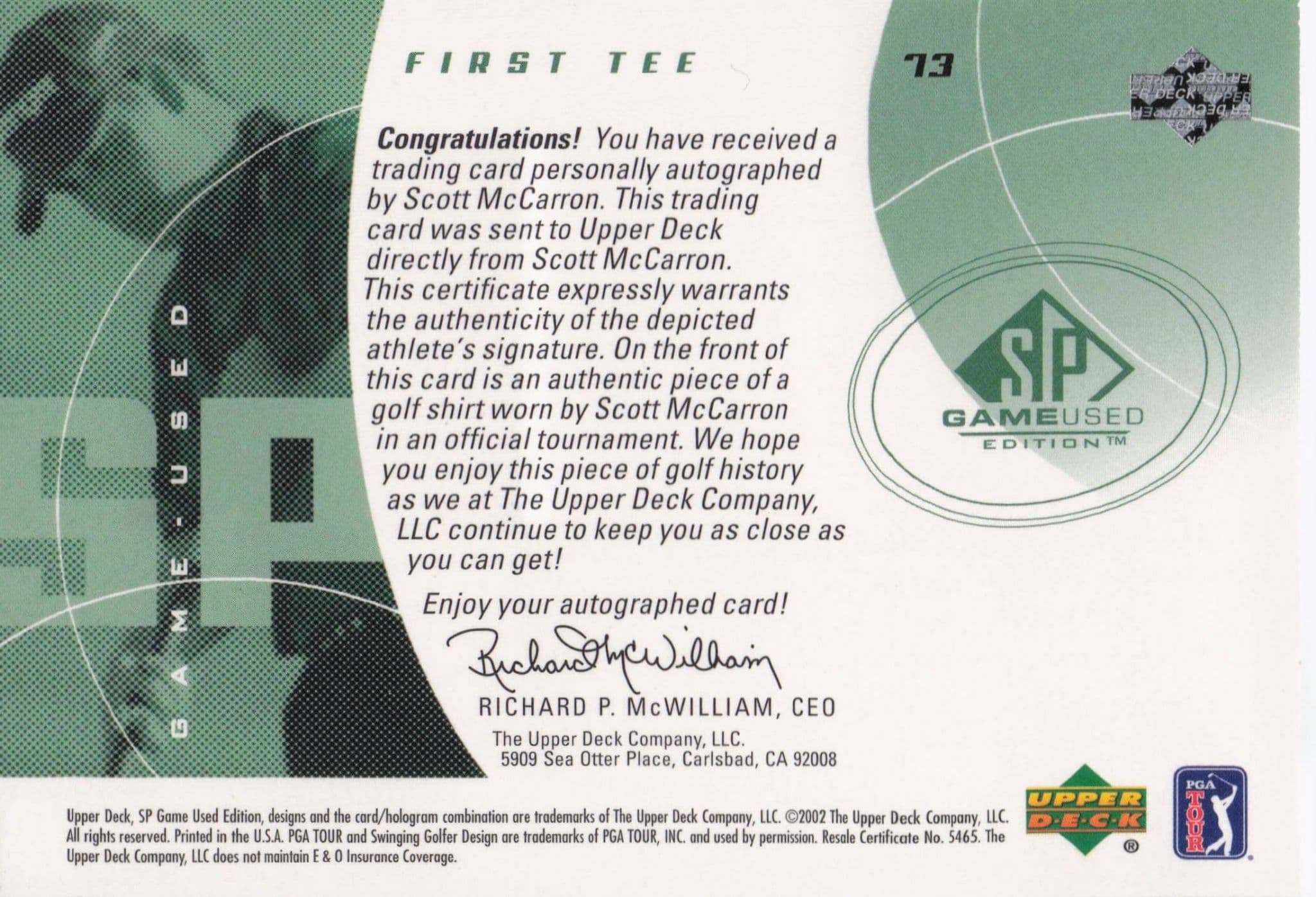 Scott McCarron First Tee SP 2002 Golf Hand Signed Worn PGA Shirt Card