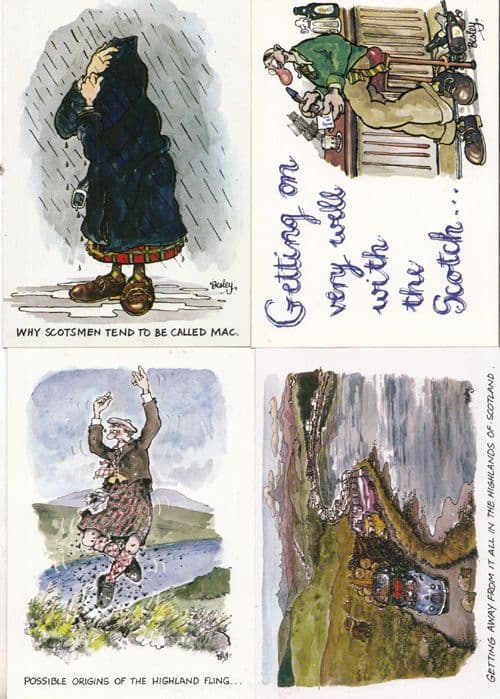 Scottish Fling Scottish Overcoat Traffic Jam Bottle Of Scotch 4x Comic Postcard