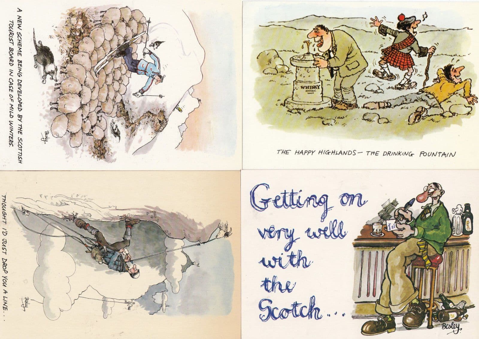 Scottish Mountain Climbing Skiing Drinking 4x Comic Humour Scotland Postcard s