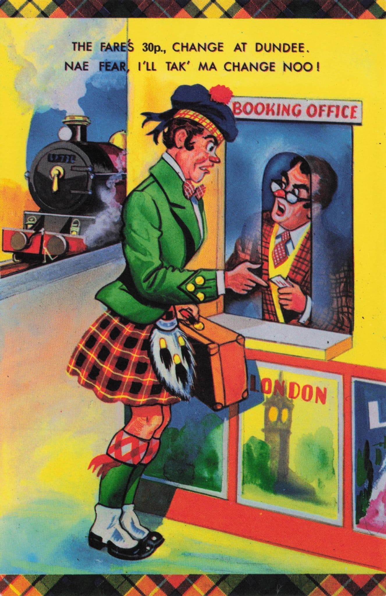 Scottish Railway Station Ticket Booking Office To Dundee 70s Comic Postcard