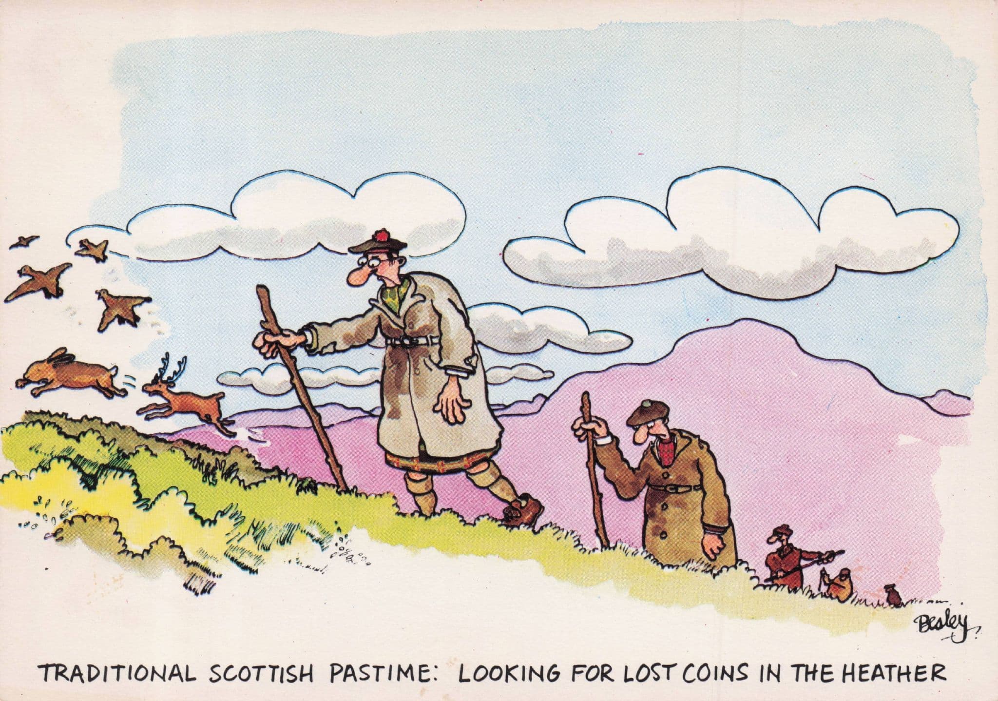 Scottish Shepherd Tourists Lost In Mountains Coins Heather Comic Postcard