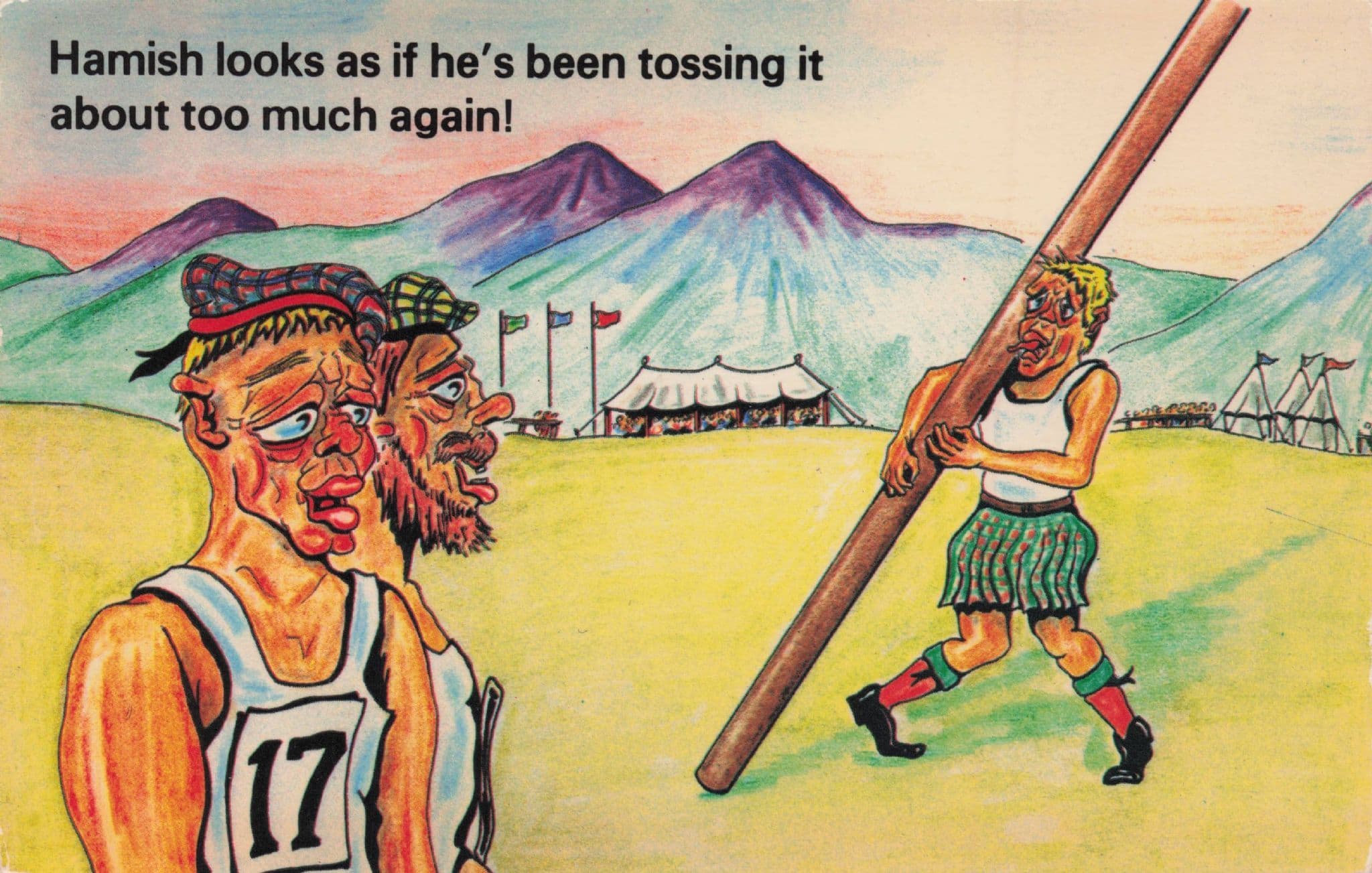 Scottish Strongman Games Pole Vault Lift 1970s Comic Postcard