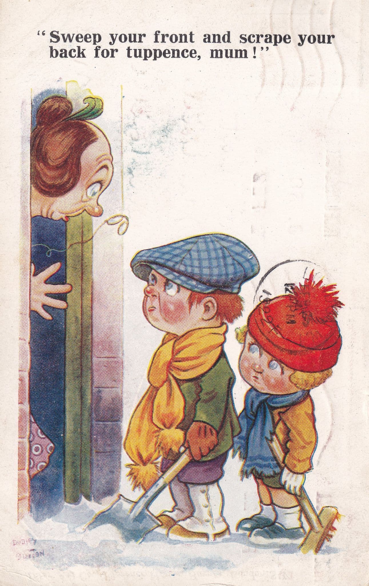Scratching Someones Back For Old 2 Penny Coin Antique Comic Postcard