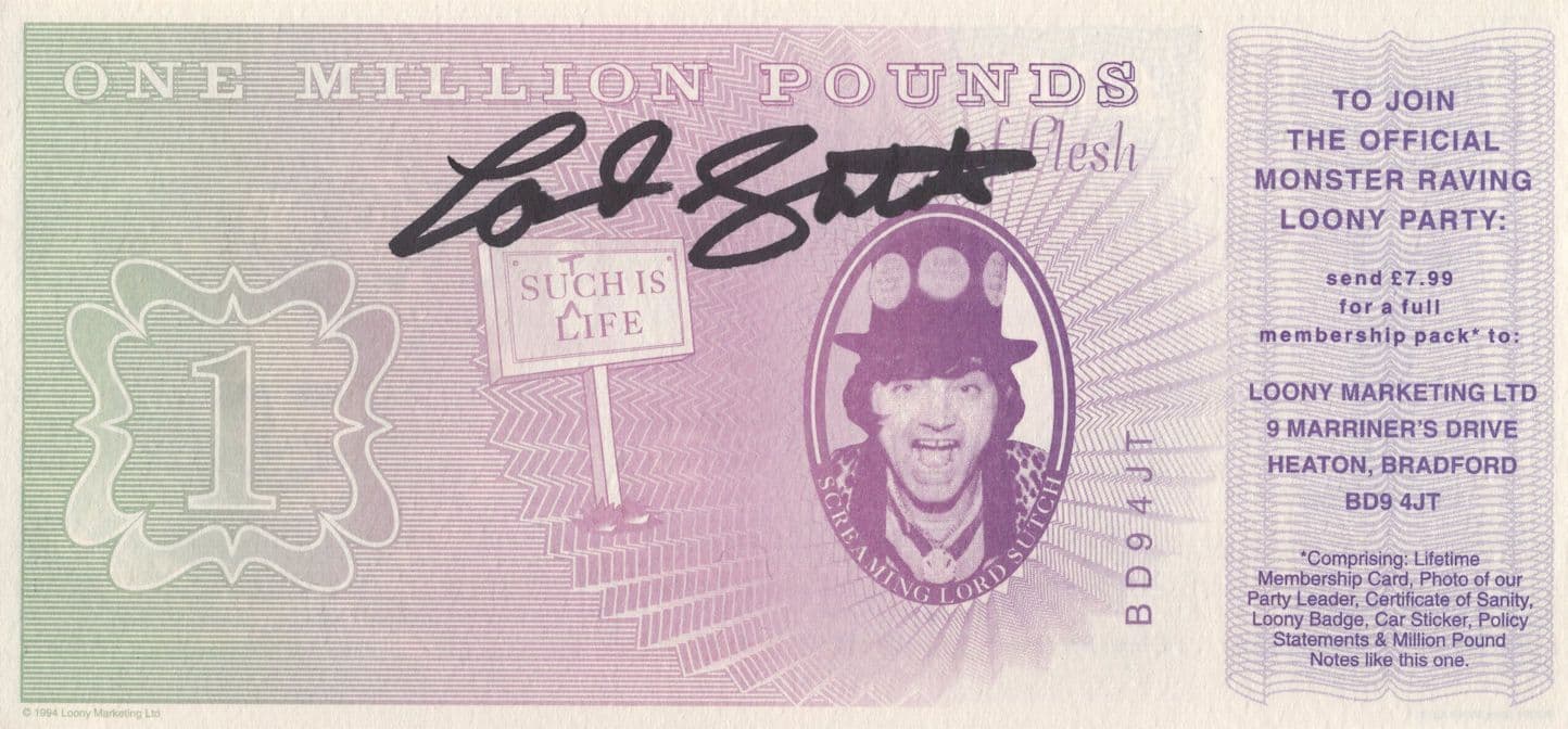 Screaming Lord Sutch Hand Signed Margaret Thatcher Money Autograph