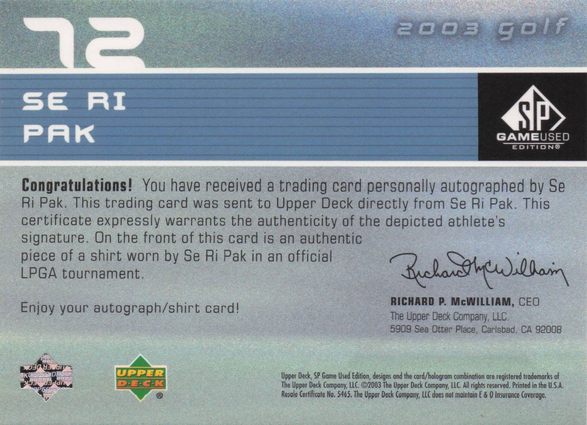 Se Ri Pak First Tee SP 2003 Golf Hand Signed Worn PGA Shirt Card