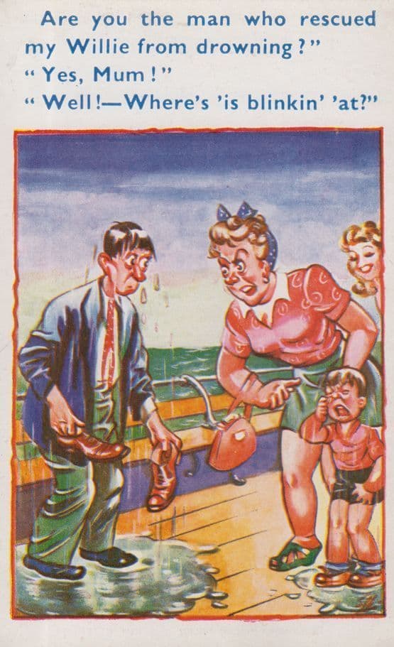 Sea Rescue Willie From Drowning Beach 1940s Comic Humour Postcard