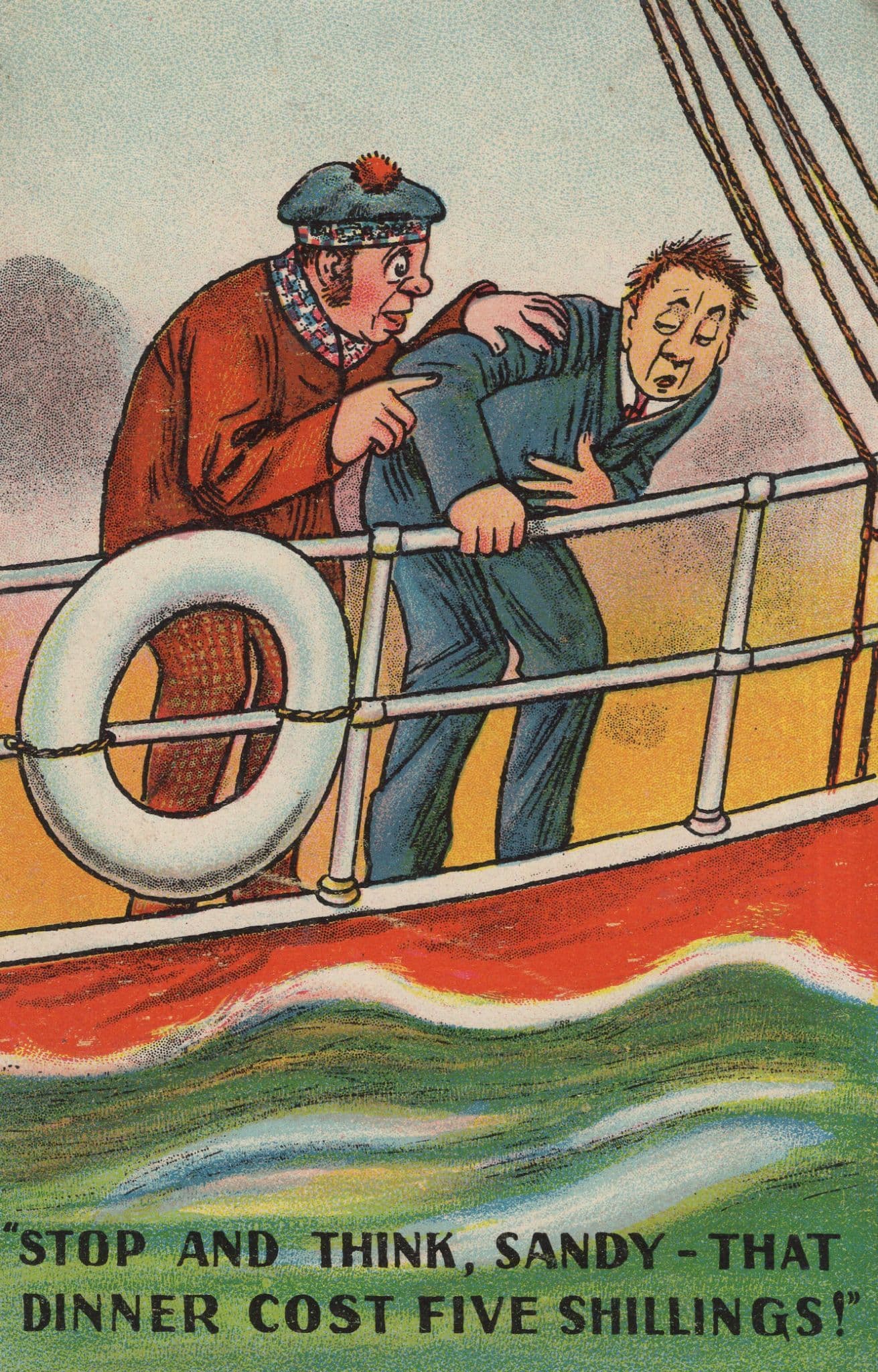 Sea Sick Comic Boat Ship Old Five Shillings Money Comic Postcard