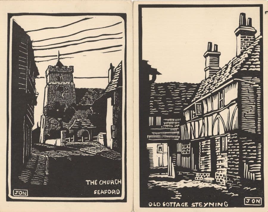 Seaford Church Steyning Cottage Sussex 2x Sketch Art Old Postcards
