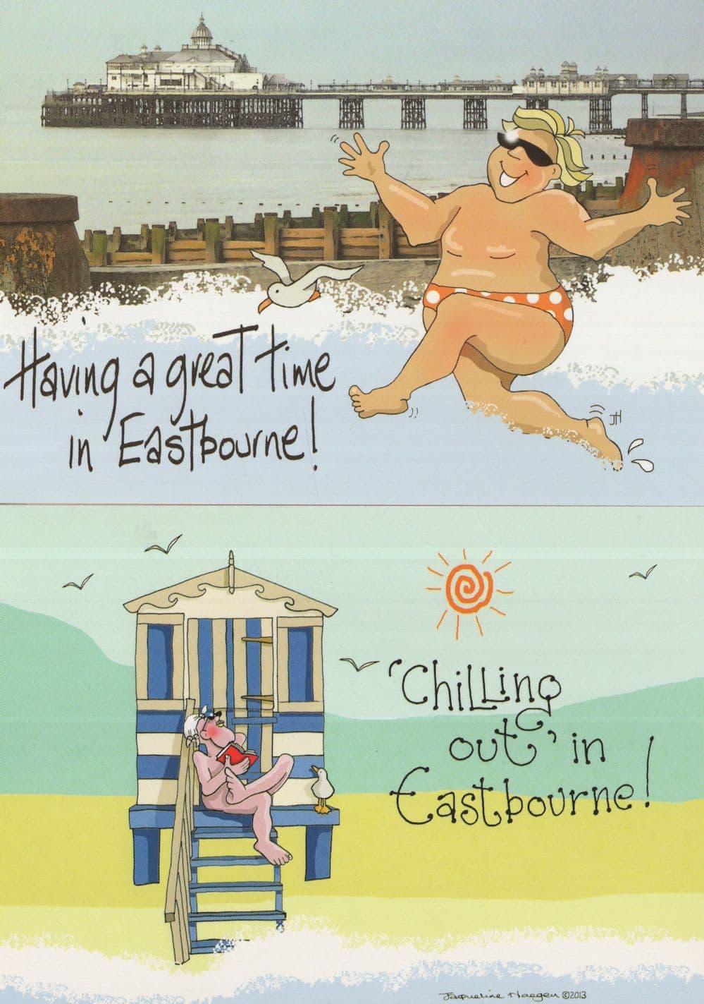 Seagulls Eastbourne Chilling Out With Fat Old OAP Man 2x Comic Postcard s