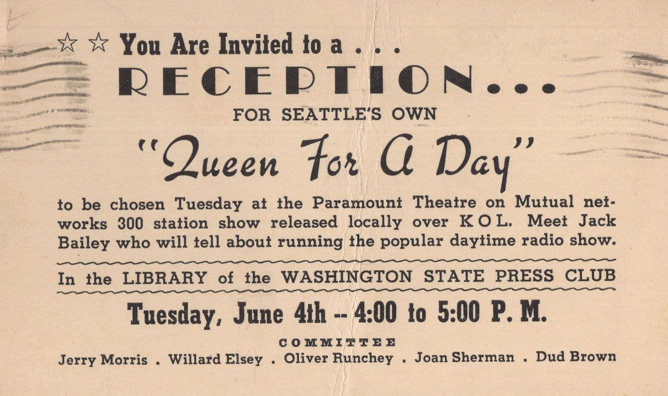 Seattle WW2 Queen For A Day Radio Press Club Old Invitation Postcard