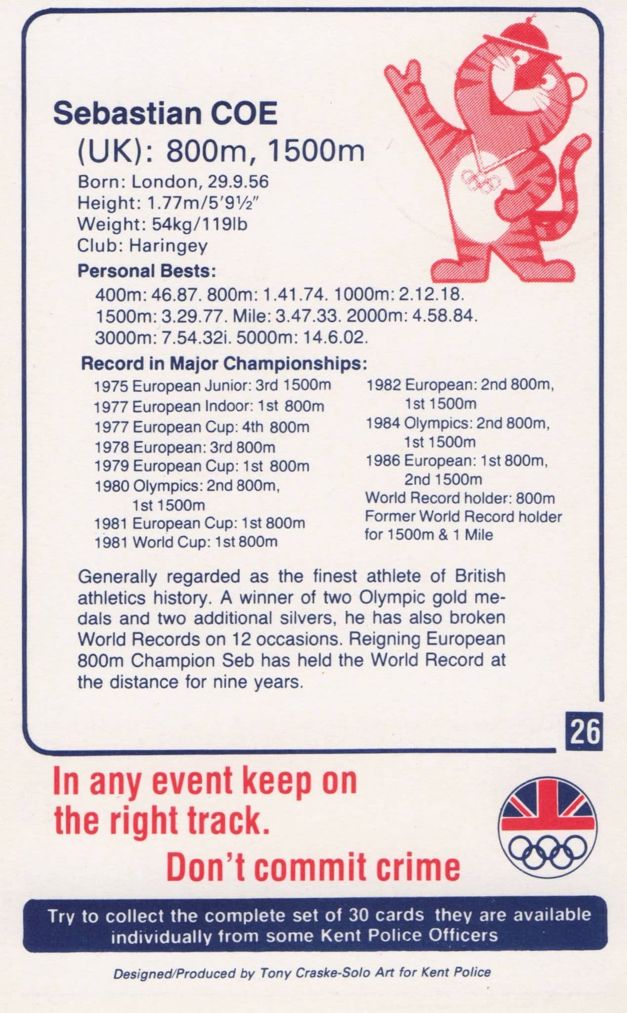 Sebastian Coe British GB Athlete Olympics 1988 Rare Police Trade Photo Card