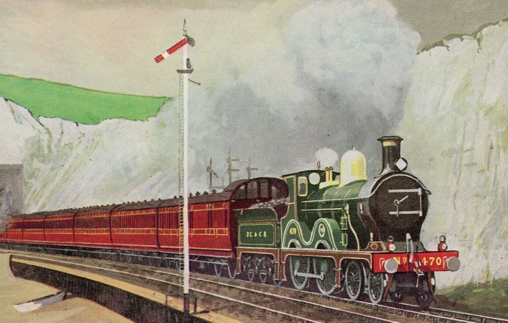 SECR 4-4-0 No 470 Train at Shakespeare Cliff Dover Postcard