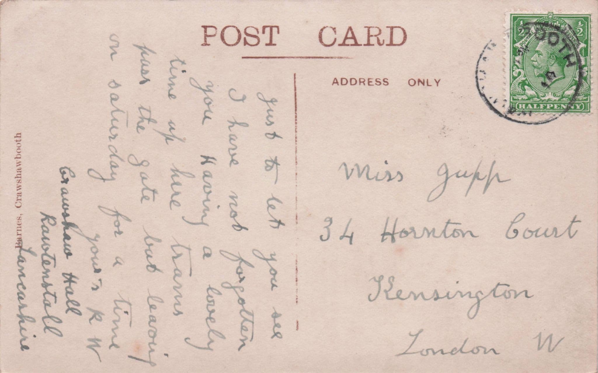 Sent From Crawshaw Hall Crawshawbooth Lancashire Real Photo Postcard