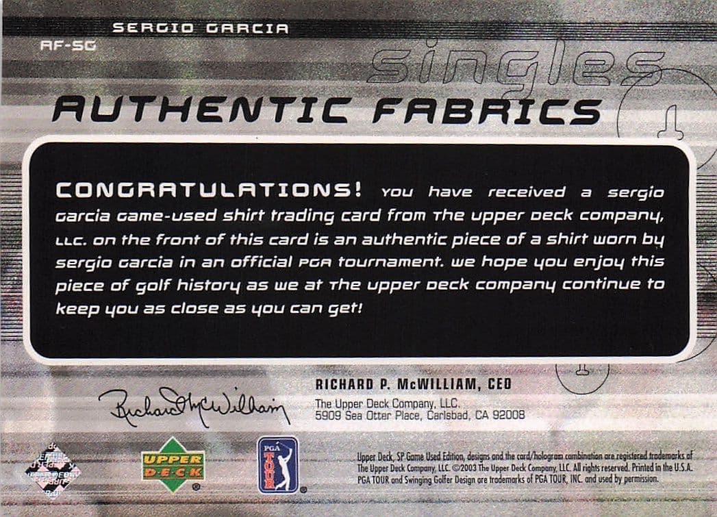 Sergio Garcia Authentic Fabrics Singles 2003 Golf Upper Deck Worn Shirt Card