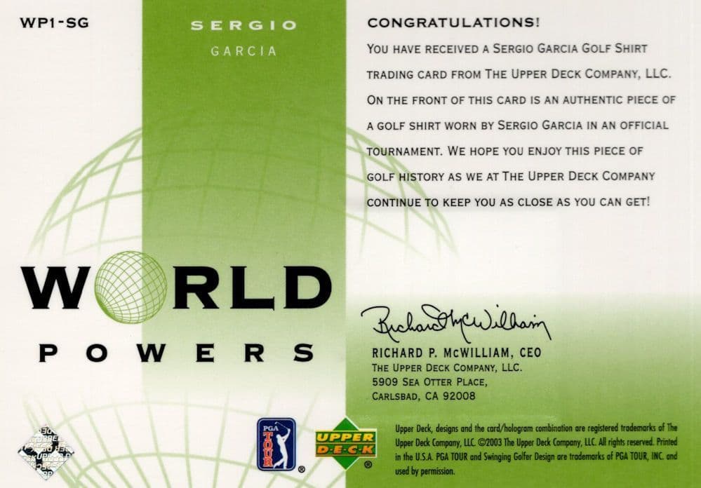 Sergio Garcia Authentic World Powers Golf Upper Deck Rare Shirt Card