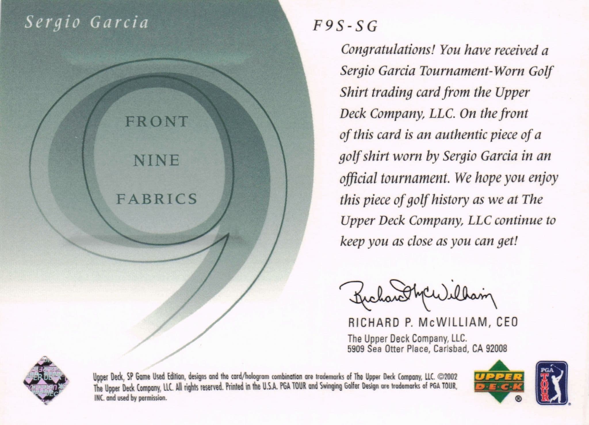 Sergio Garcia Front 9 Fabric 2002 Upper Deck Authentic Shirt Card