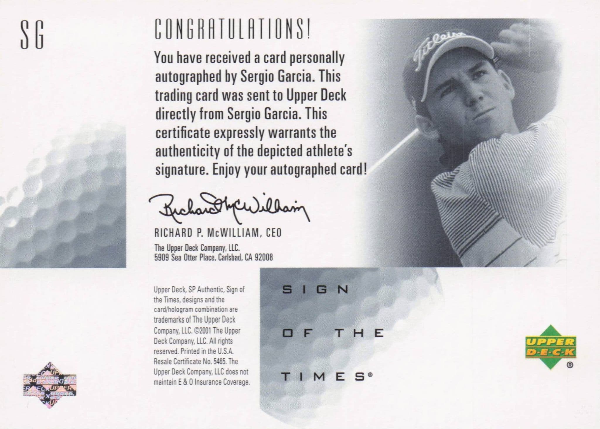 Sergio Garcia Sign Of The Times Hand Signed 2001 SP Golf Autograph Card