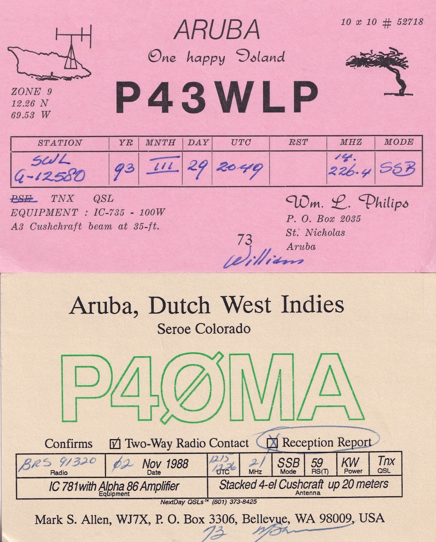 Seroe Colorado Aruba Dutch West Indies 2x QSL Radio Card s