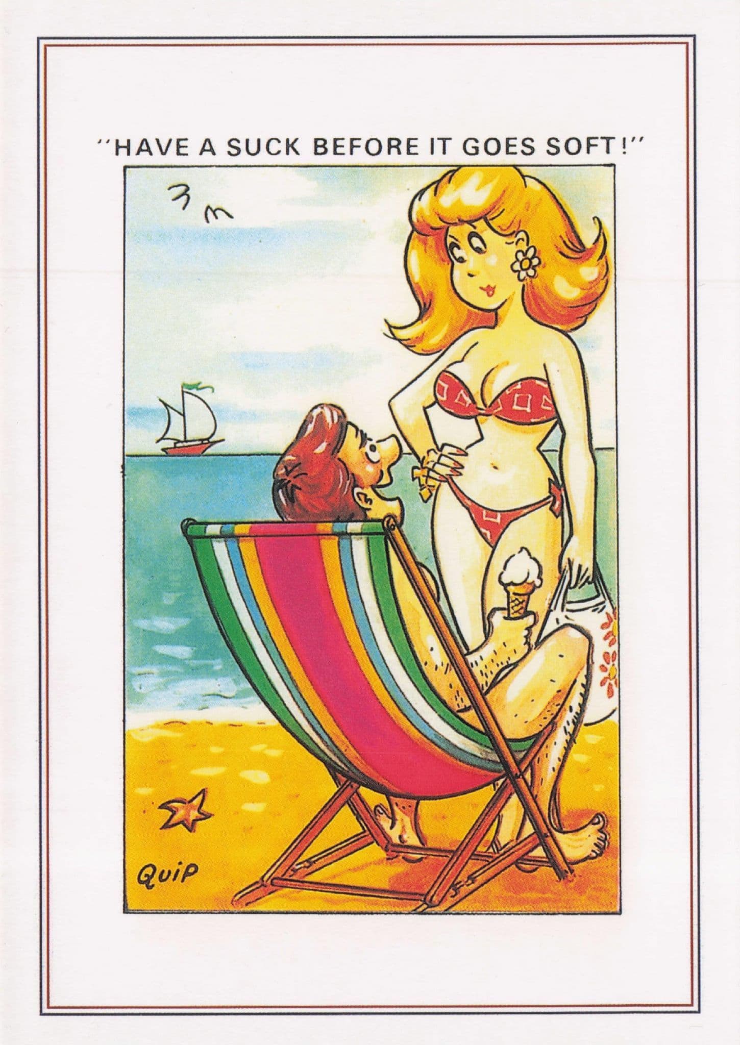 Sexy Beach Lady Ice Cream Cornet Sailing Ship Comic Postcard