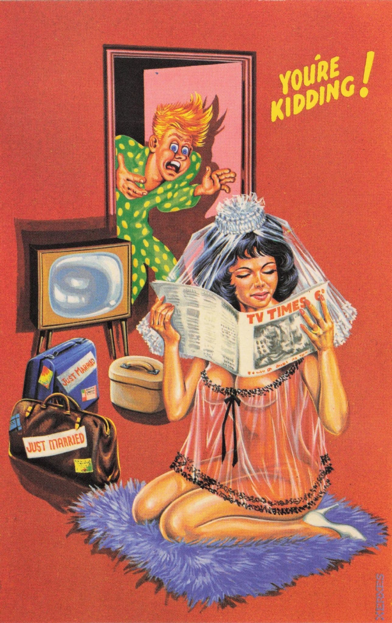 Sexy Dress Lady For Date By Old TV Times 1950s Comic Postcard