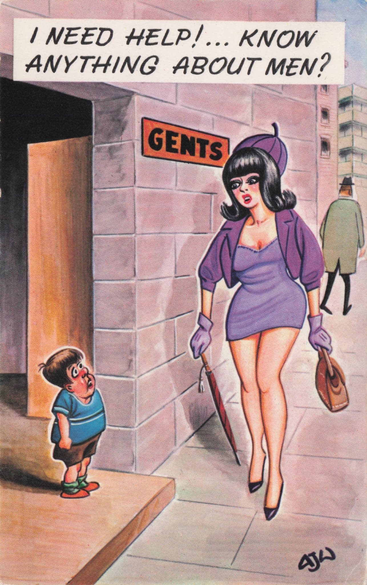 Sexy Lady At Mens Public Toilets Boy Needs Help 1970s Comic Postcard
