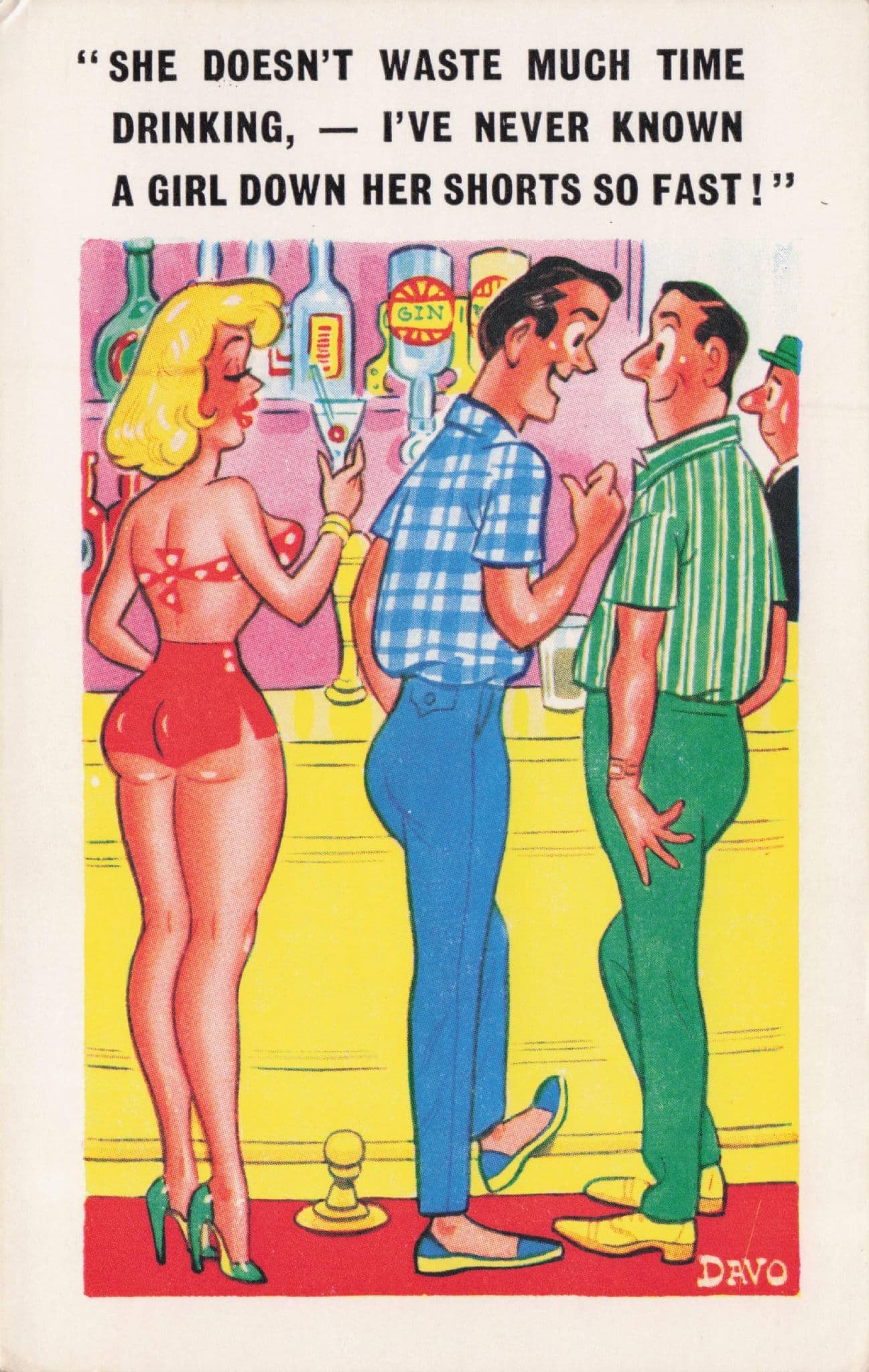 Sexy Lady Drinking Cocktails Downs Her Shorts Fast Old Comic Postcard