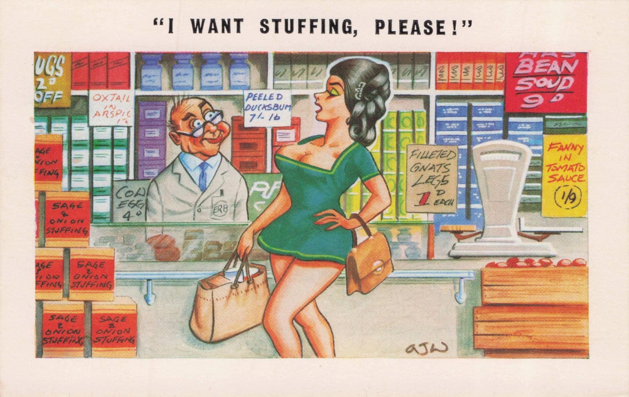 Sexy Lady In Grocers Shop Vintage Scales Food Signs Comic Postcard