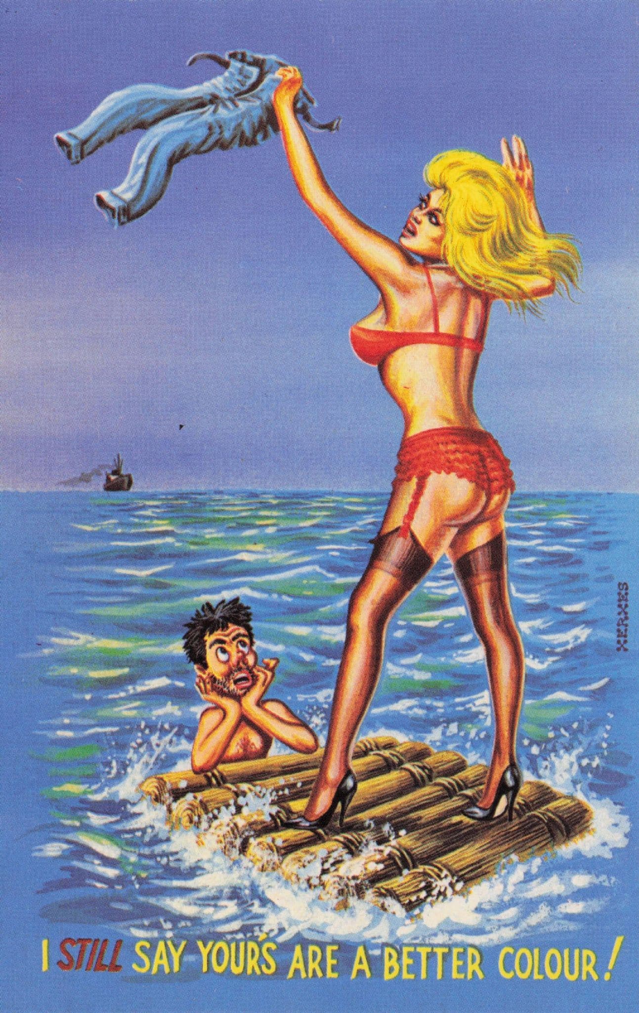 Sexy Lady Lover On Raft Boat Jeans Off 1950s Comic Postcard