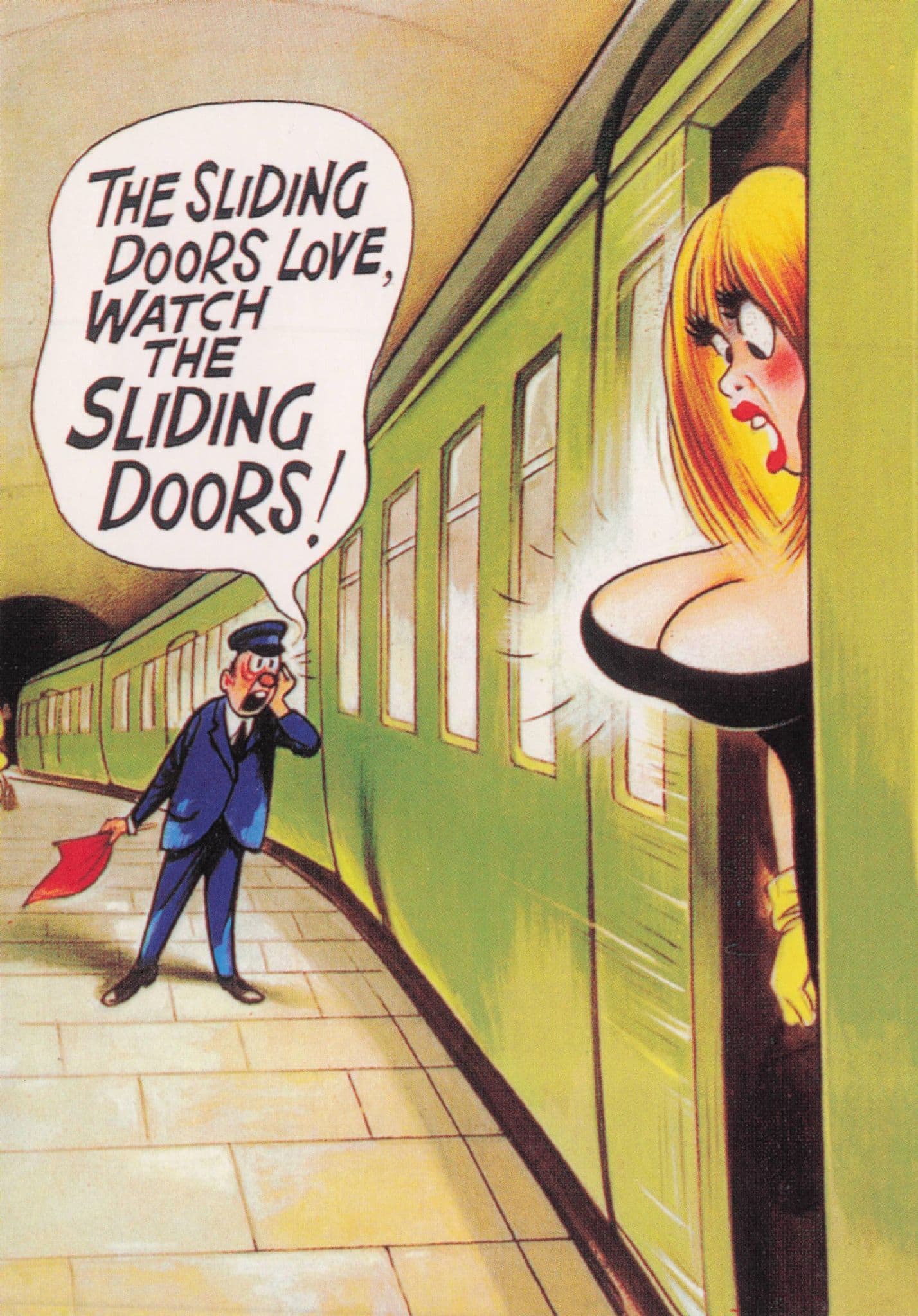 Sexy Lady Tube Train Boobs Getting Stuck Bamforth Comic Postcard