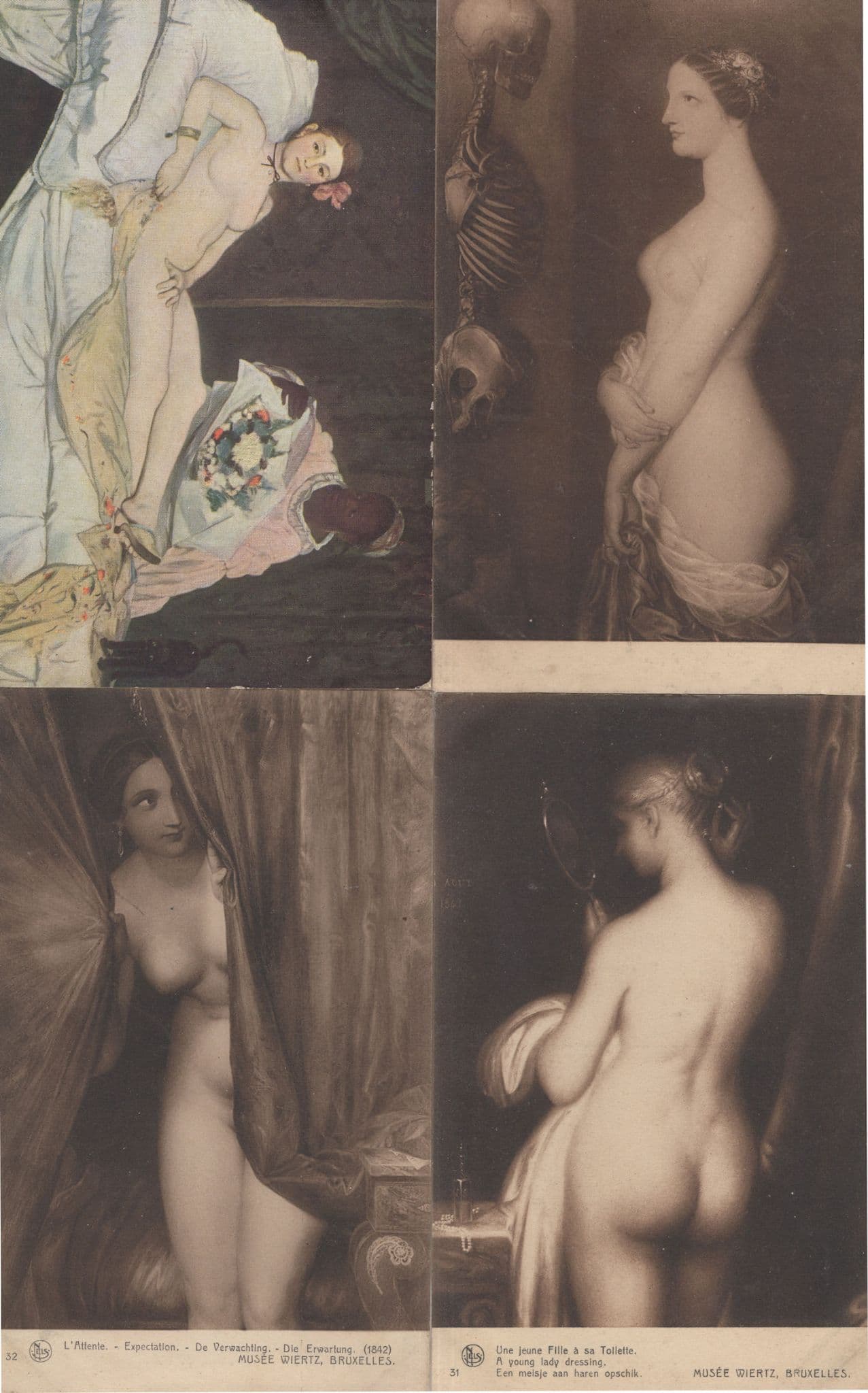 Sexy Nude Art Skeleton Theatre 4x Antique Risque Painting Postcard s