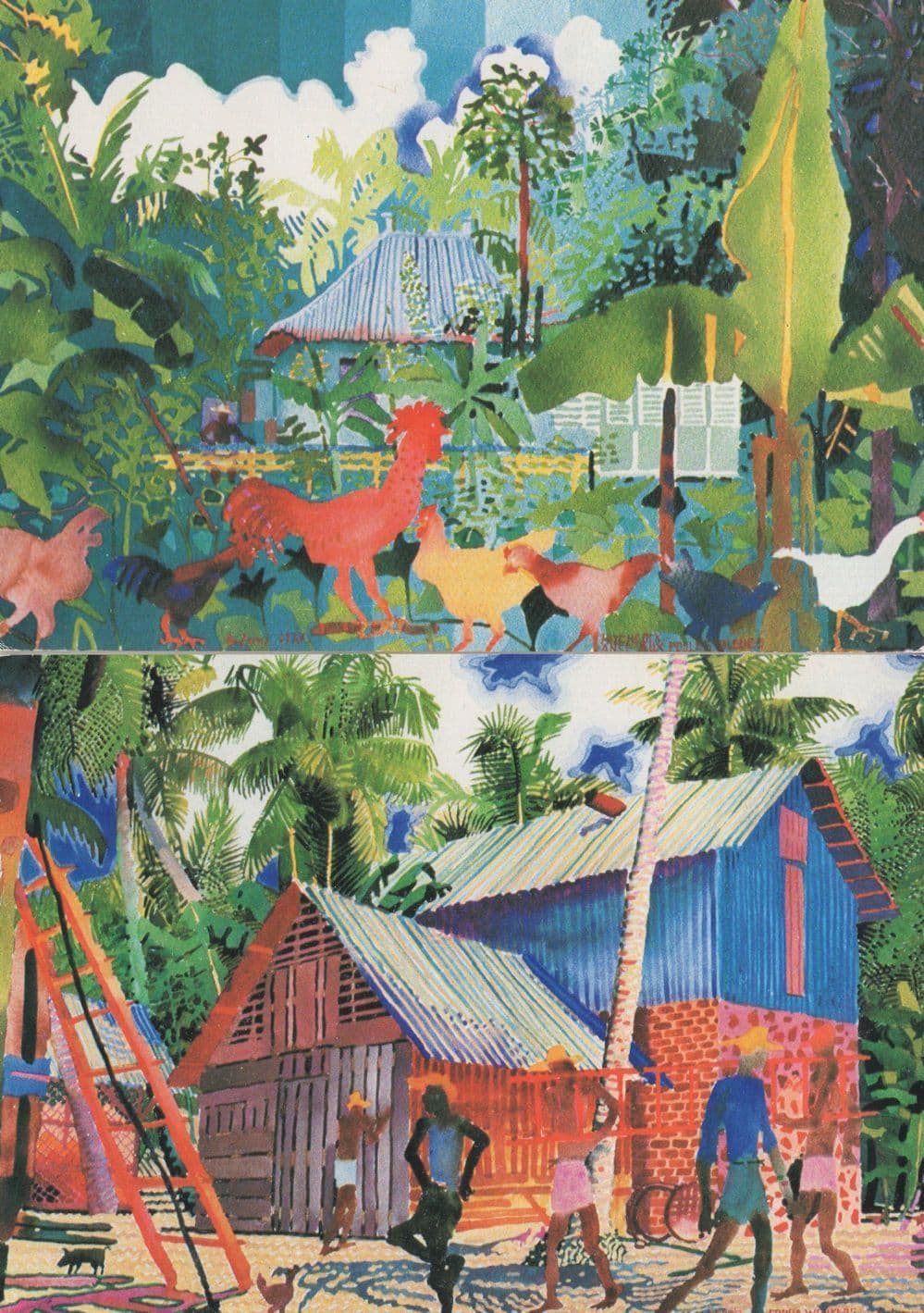 Seychelles Plantation Copra Workers 2x Painting Postcard s