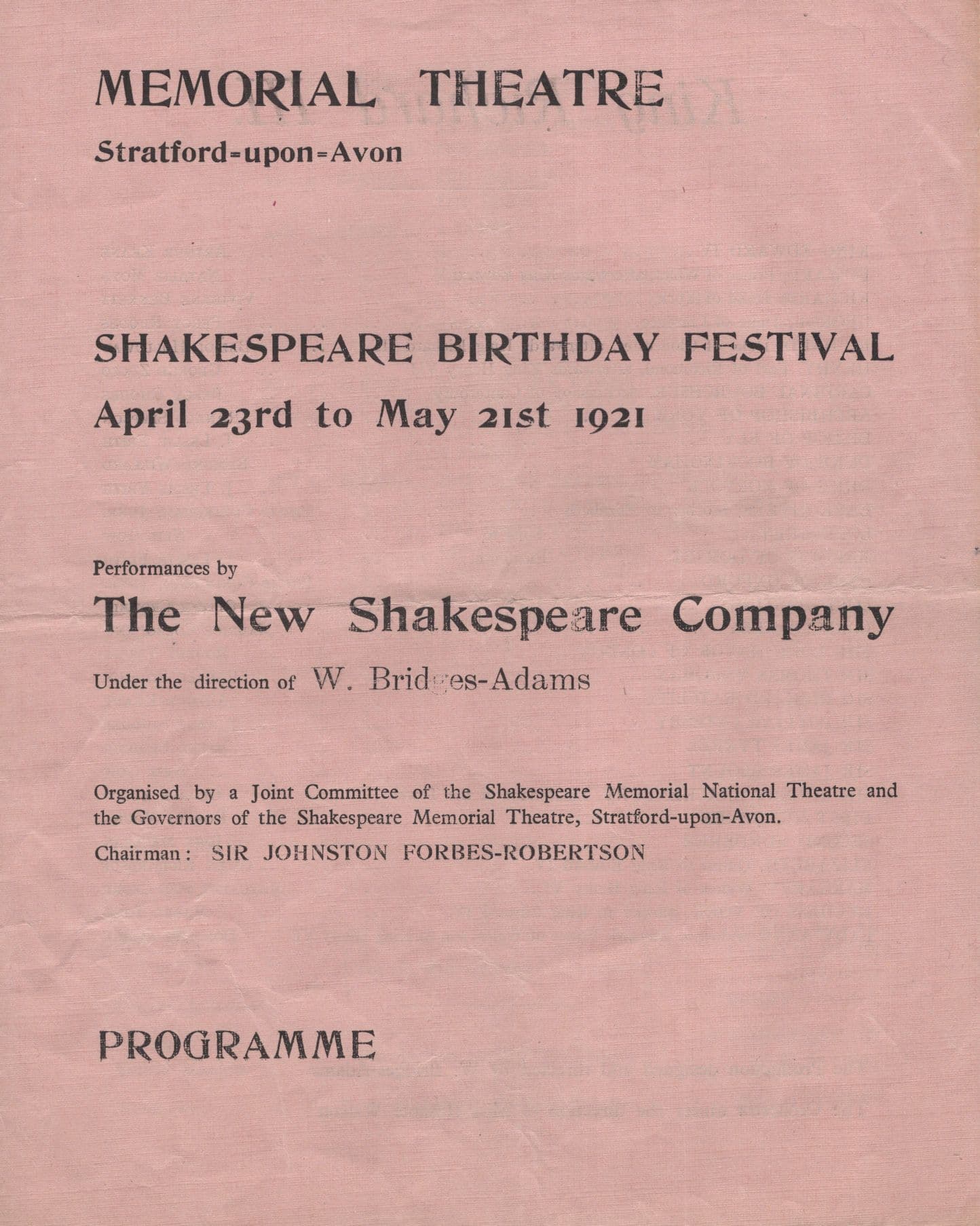 Shakespeare Birthday Festival 1921 Stratford Memorial Theatre Programme