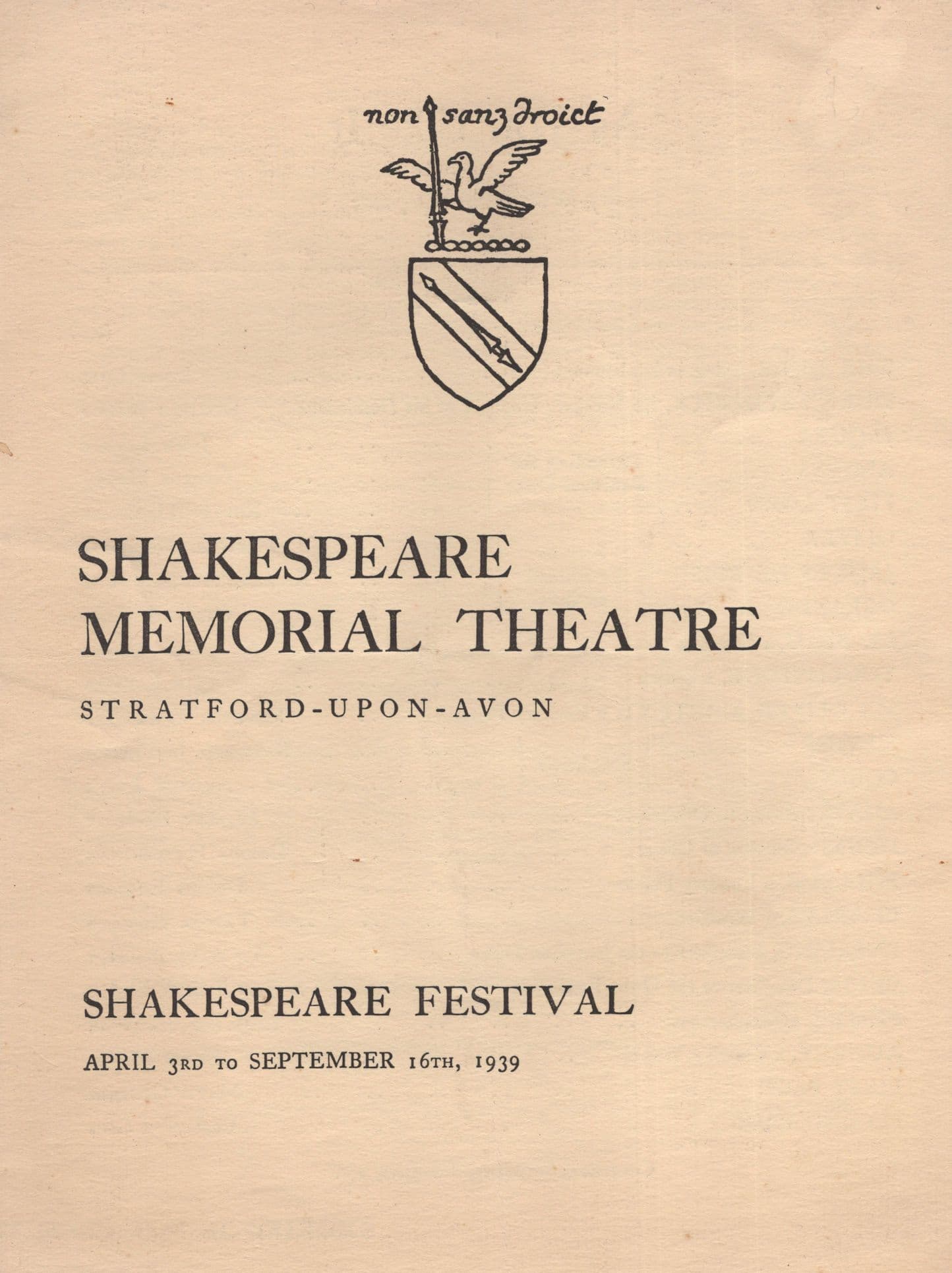 Shakespeare Birthday Festival WW2 1939 Stratford Memorial Theatre Programme