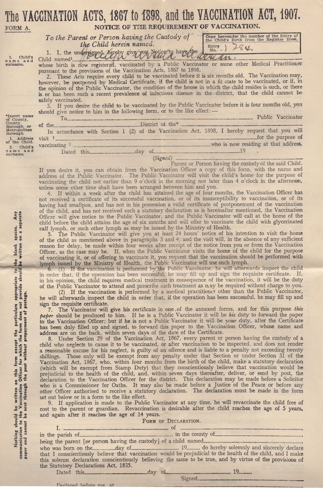 Sheffield 1907 Large Hand Signed Vaccination Act Medical Ephemera