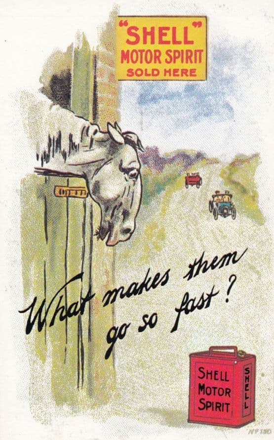 Shell Motor Spirit Cannister Of Petrol By Race Horse Stable Vintage Postcard