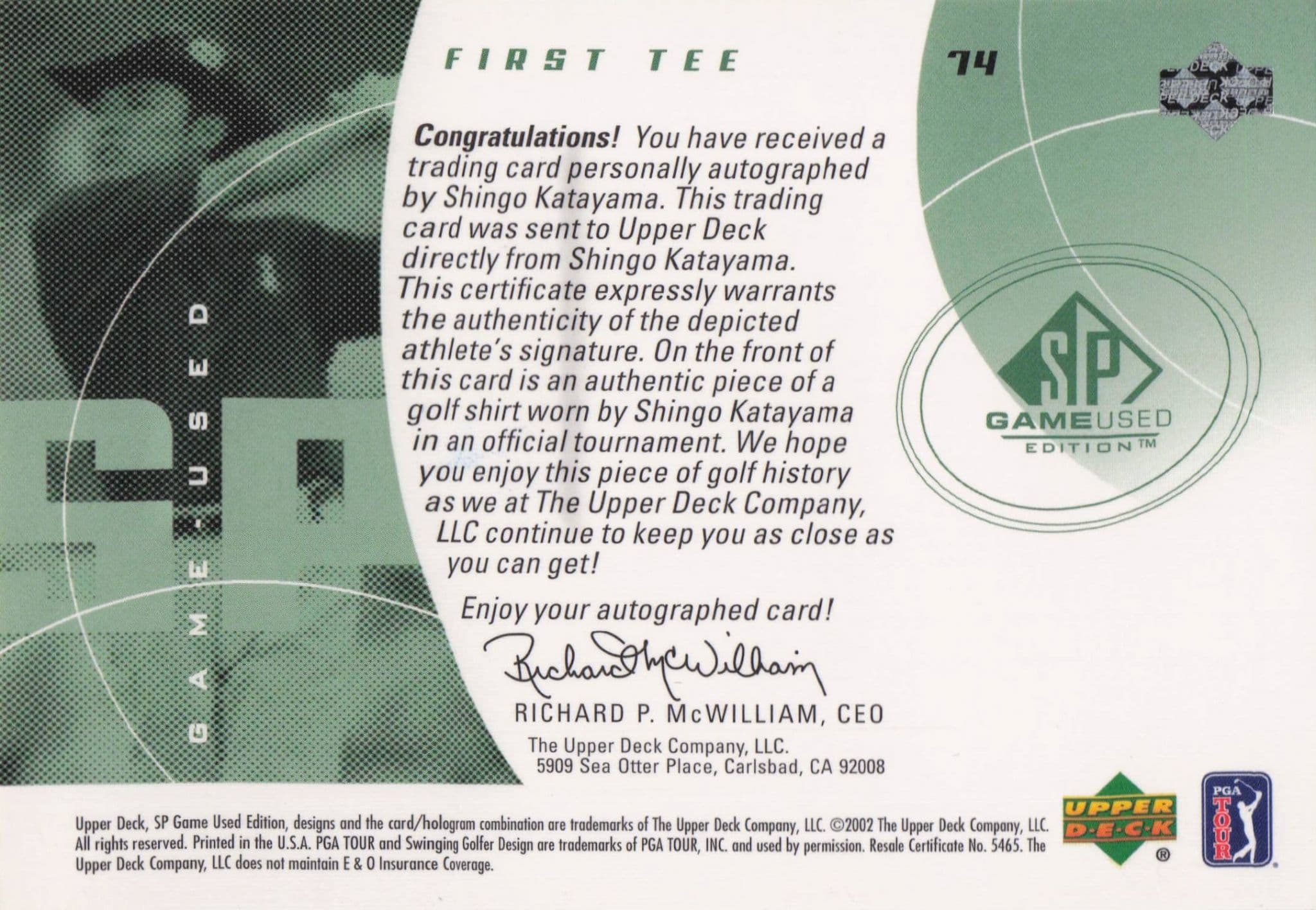 Shingo Katayama First Tee SP 2002 Golf Hand Signed Worn PGA Shirt Card